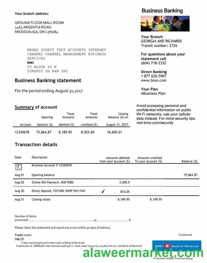 USA BMO Bank of Montreal bank proof of address statement template in Word and PDF format